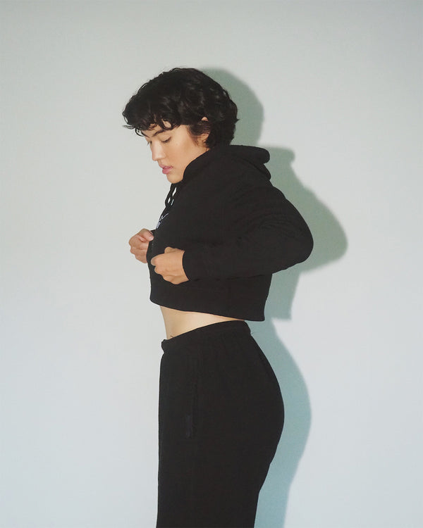 Women’s cropped cotton hoodie, natural activewear.